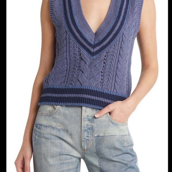 rag & bone Sweaters - rag & bone Cable Knit Sweater Vest | Blue Contrast | XS | Preppy Academia